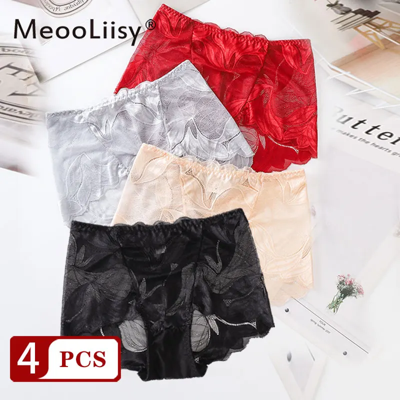 

MeooLiisy 4PCS/Set Plus Size Sexy Lace Panties for Women Mid Waist Breathable Briefs Lady Comfortable Hip Lift Underpants