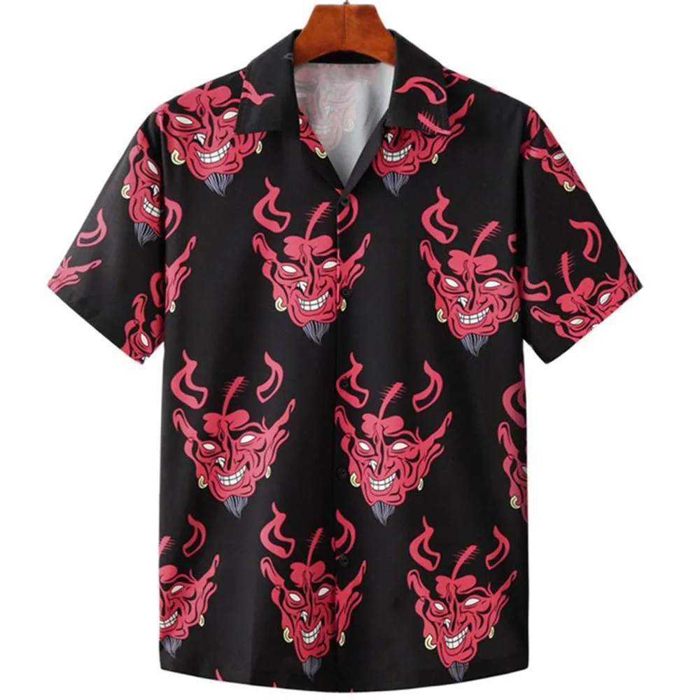 Camisa hawaiana para hombre con cuello cubano, camisa con estampado de diablo para hombre, ropa de calle a la moda, novedad de verano, Top de manga