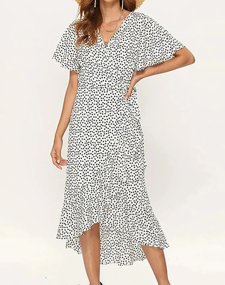 Vestido de mujer con estampado Floral, vestido largo bohemio de gasa con volantes, vestido informal con cuello en V dividido, vestido de fiesta Sexy para mujer