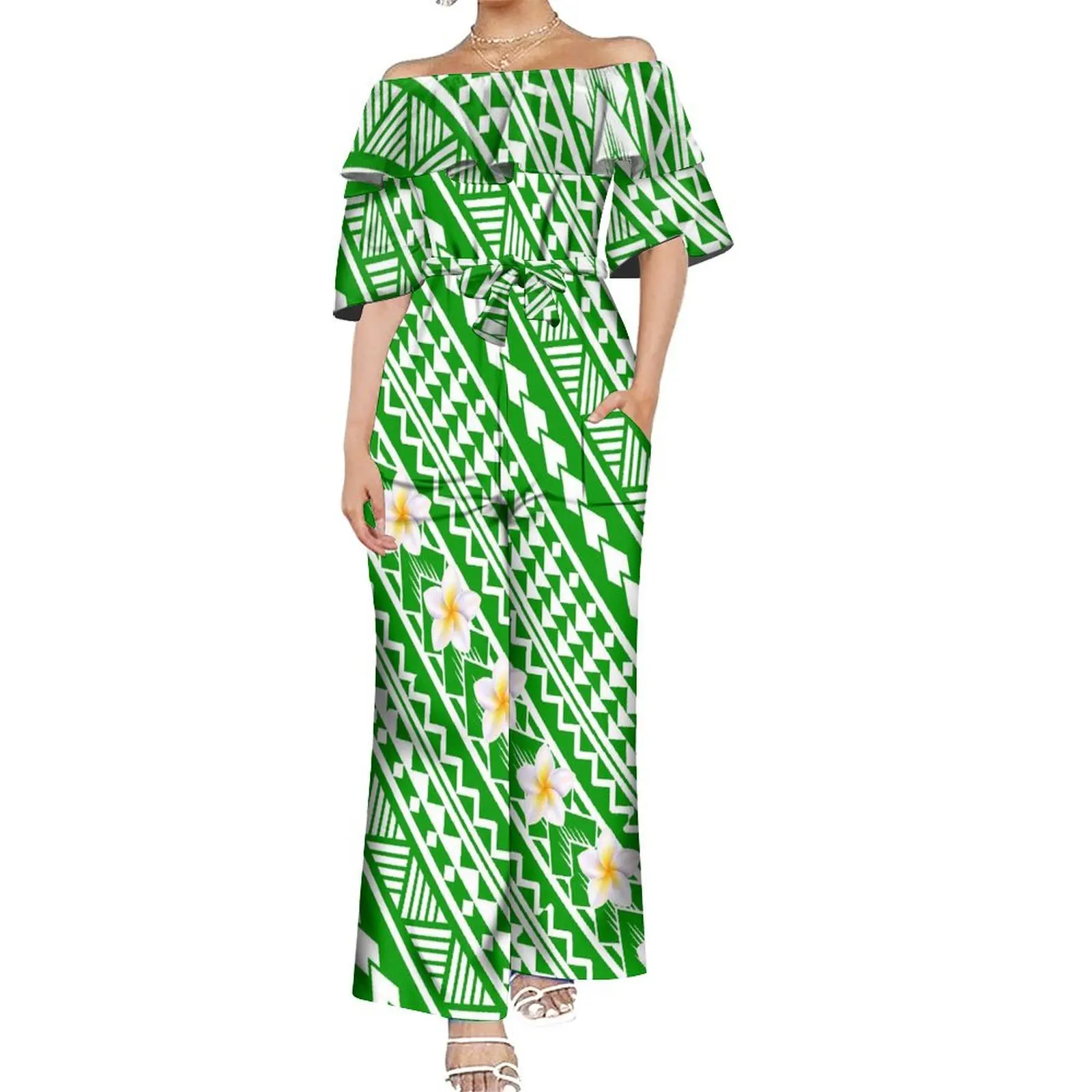 Summer Rompers Women Ethnic Print Custom Rompers Casual Long Trousers Polynesian Women's One-Shoulder Temperament Rompers