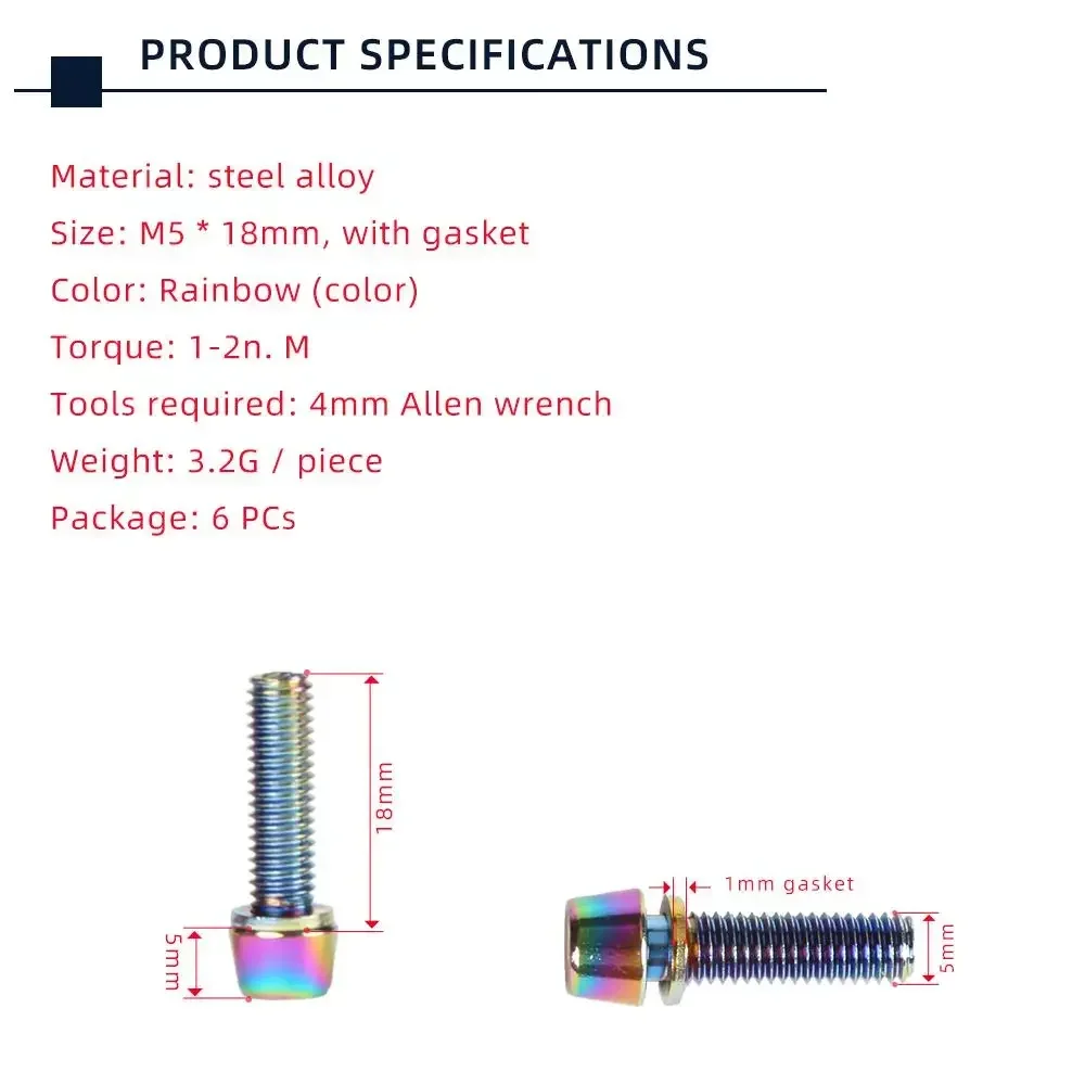 TANKE 6pcs M5 * 18 15mm Bolt Screw with gasket For MTB Road Bicycle Stem and bottle rack Rainbow view 2