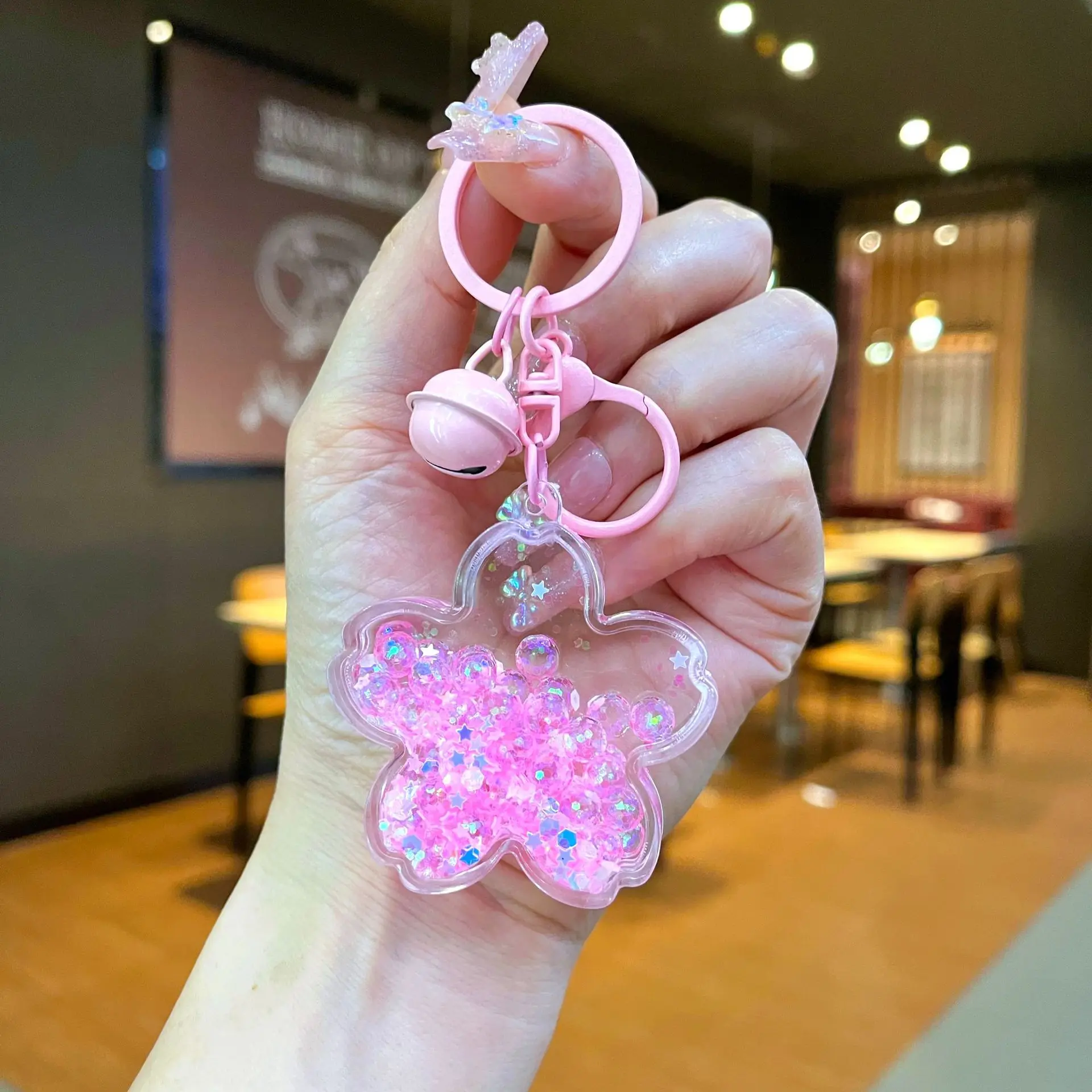 Luminous Liquid Sakura Acrylic Key Chain Cute Floating Quicksand Cherry Blossom Keyring Couple Bag Pendant Keyfob Gift