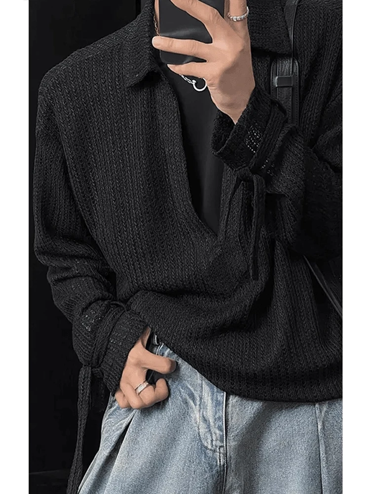 

Cleanfit Bla Knitted Long Sve V-Ne irt Casual Hollow Design Men's Faionable Loose Fit Polyester Cotton Blend