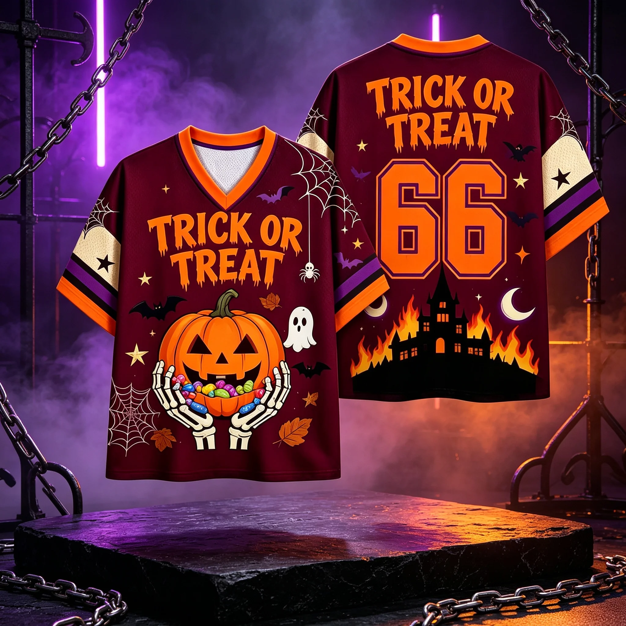 Unisex Halloween Party Mesh Short Sleeve Jersey Boo Crew Letter Ghost Cat Candy Pumpkin Spiderweb V‑Neck Loose Sport Tee Tops
