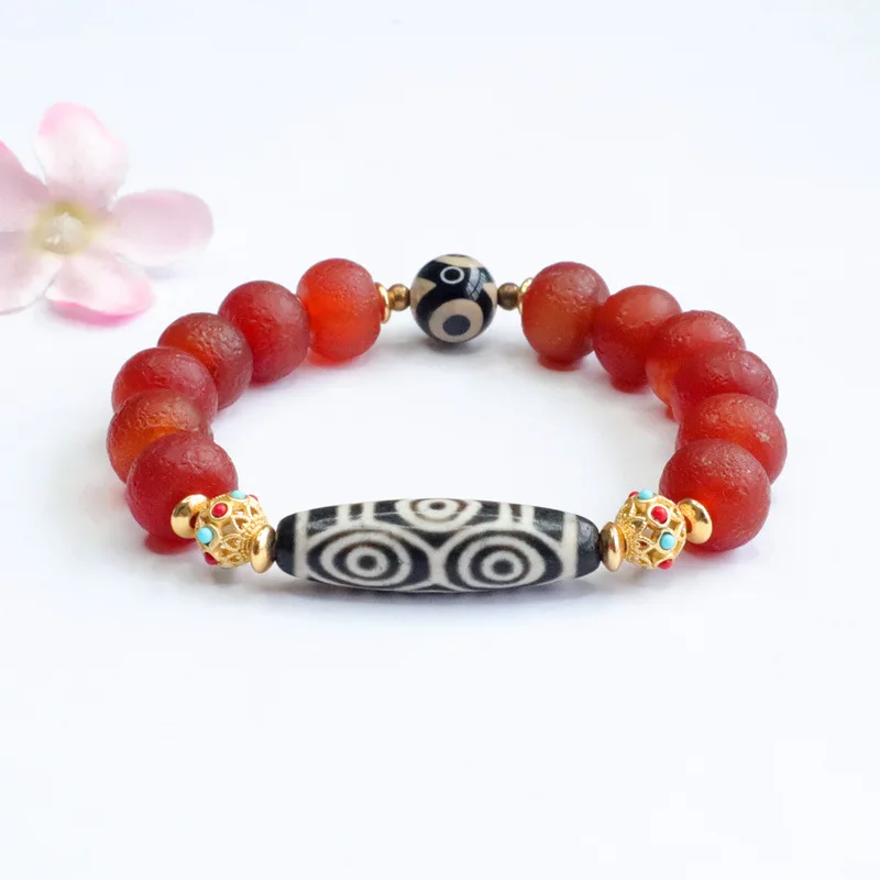 

Old Material Orange Peel Red Agate Bracelet With Dzi Beads And Chalcedony