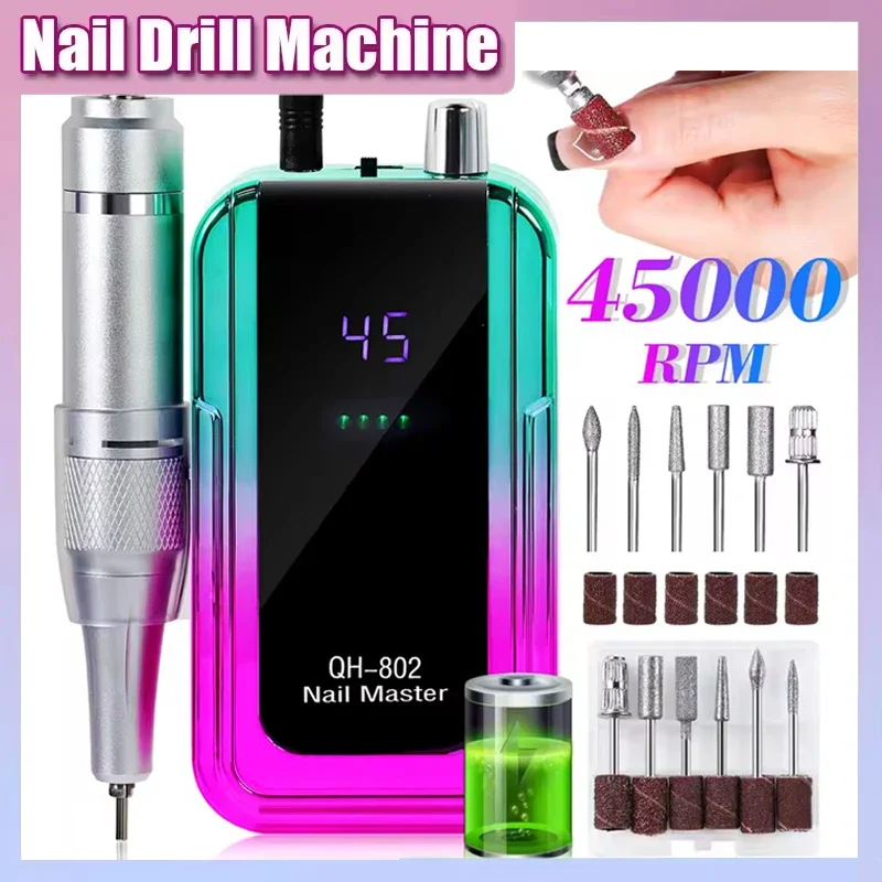 Trapano elettrico ricaricabile per unghie 45000 giri/min con gradiente laser a colori a basso rumore per rimozione smalto e levigatrice per trapano f