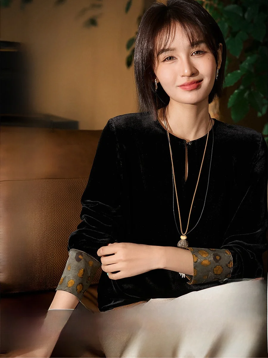 

Ele round Ne Long Sve Silk Velvet Xiangyun Cloth Women's Top Comfortable Breathable Straight Cut Winter Faion