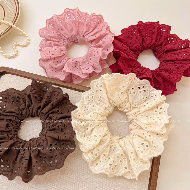 

Double-layer Lace Scrunchies Headdress for Women Korean Elegant Embroidery Hollowed Ruffled Ponytail Hair Band Hair Accessories