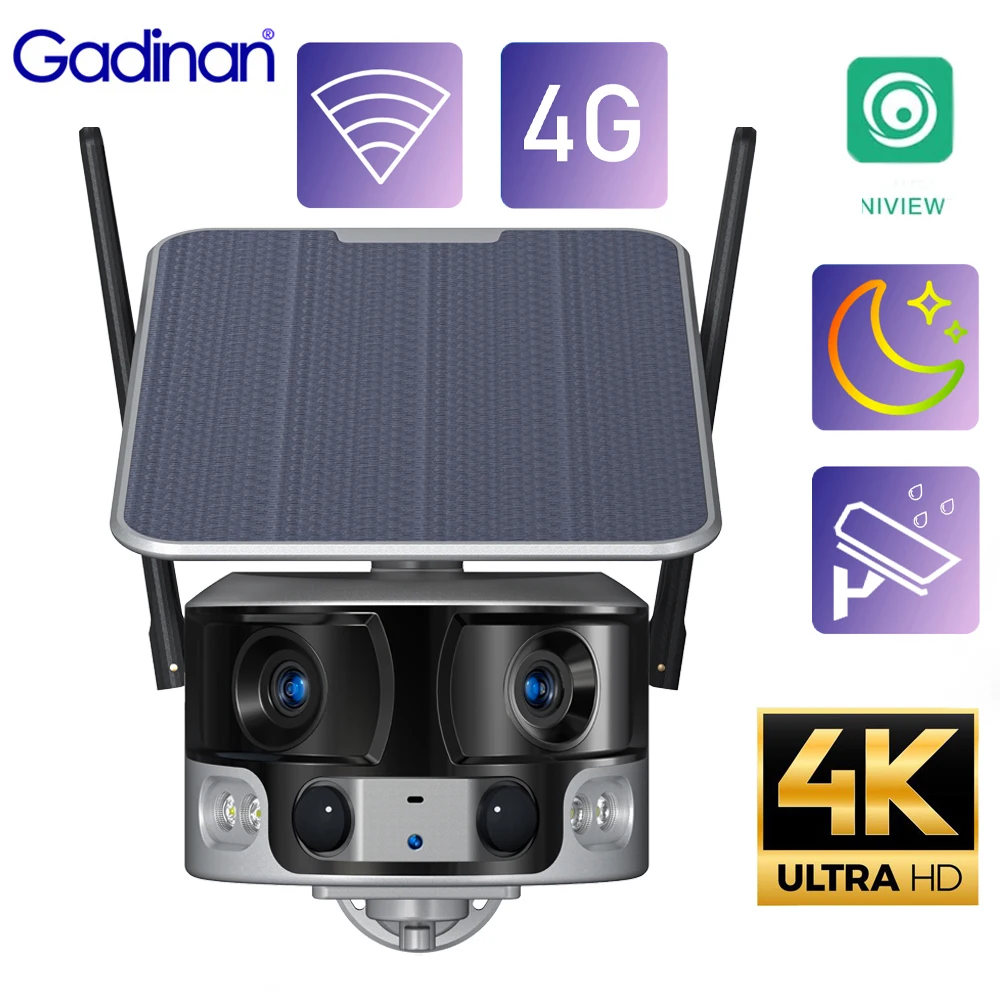 

Gadinan 4G/WIFI Solar Camera Outdoor Dual Lens Wide View Color Night Vision Human Tracking Security Protection 4K Wireless Camer