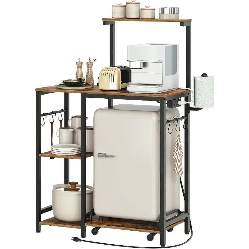 

Bakers Rack with Power Outlet, 4 Tier Microwave Stand with Fridge Stand and Paper Holder, Large Coffee Bar Table Station,