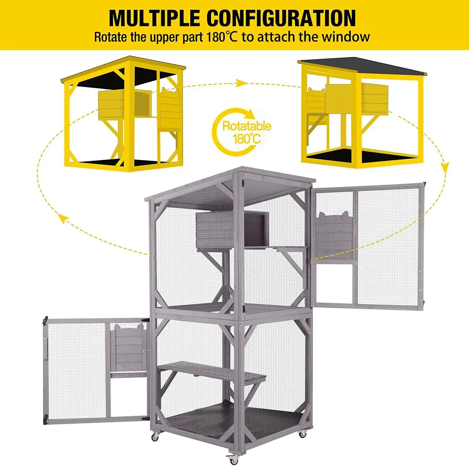 Cat Catio Outdoor Cat House Wooden Large Enclosure with Run on Wheels 70.9