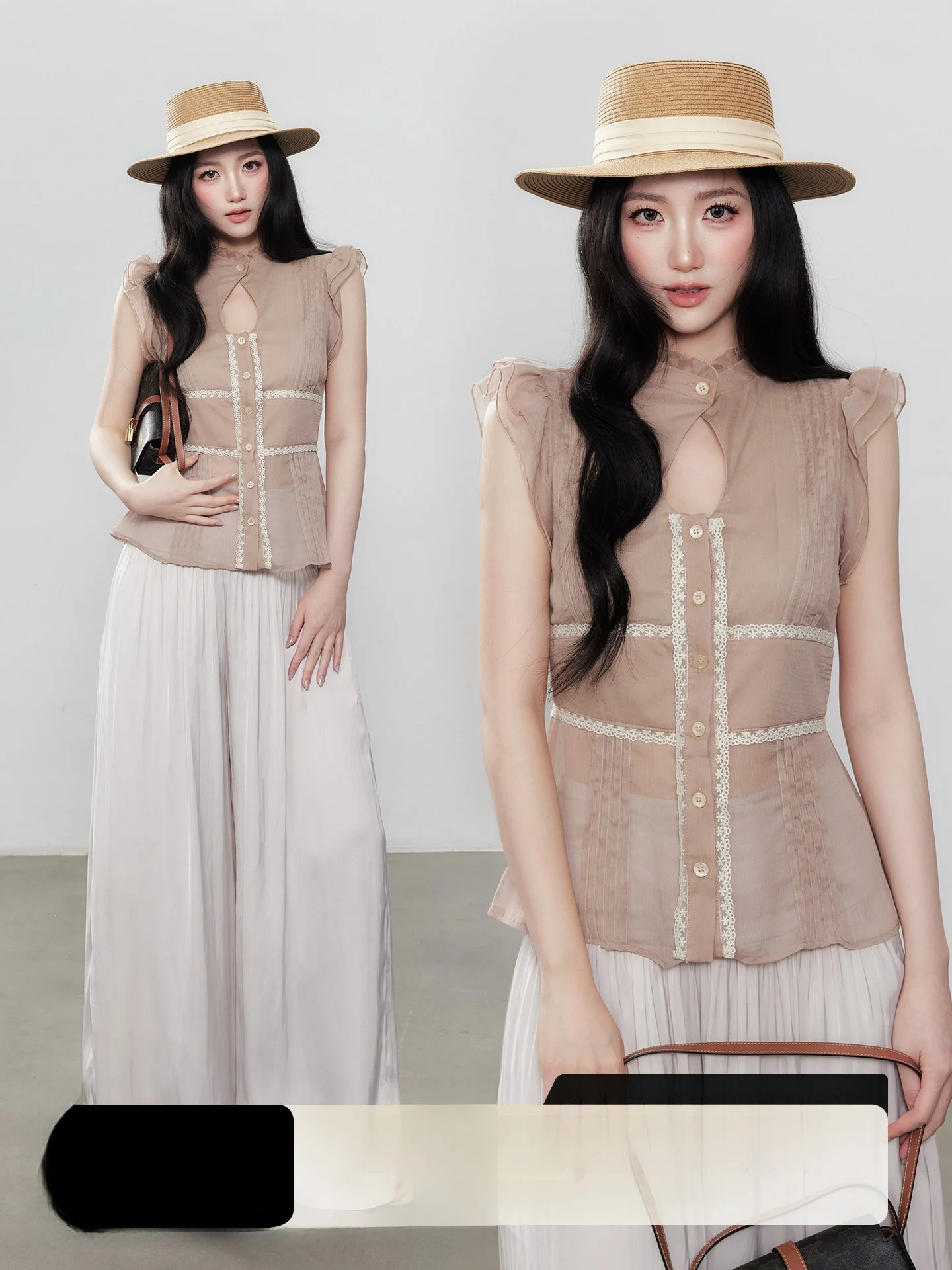 

New Chinese Style Women's Top Slimming Hollow out Flying Sleeve Design Summer Fashionable Versatile Waist-Cinching Shirt