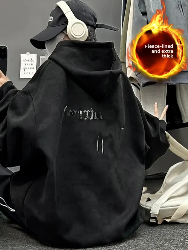 

Худи на осень-зиму, новая модель, с меховой подкладкой, свободного кроя, универсальное, для пар, в американском стиле, замшевое пальто