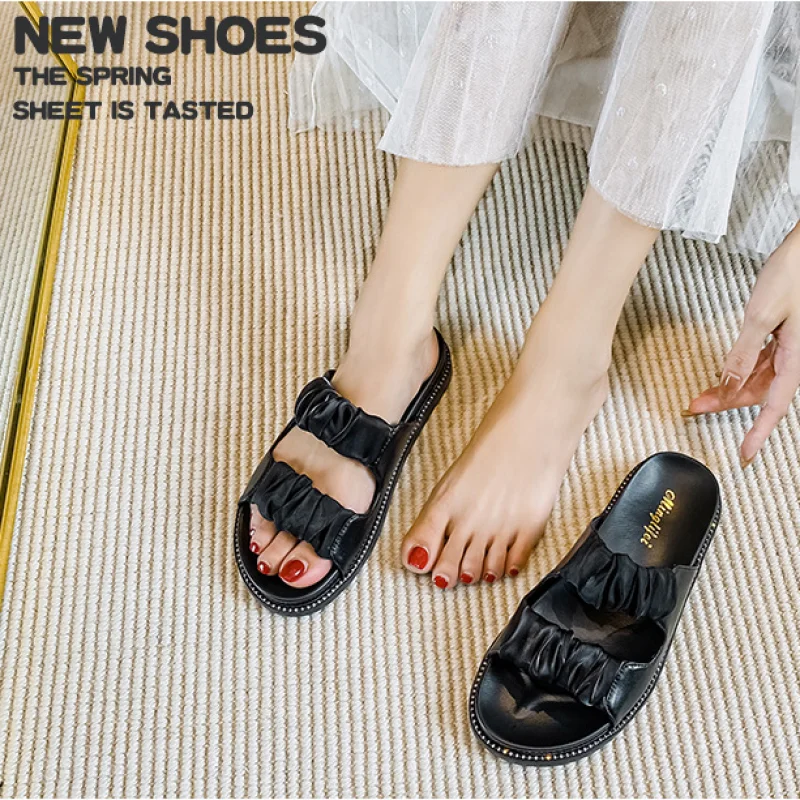 Plus Size 35-43 Women Summer Sandals Sweet Silk Leather Outdoor Slippers Female Flats Clogs Shoes Slip on Platfrom Sandal 962-2