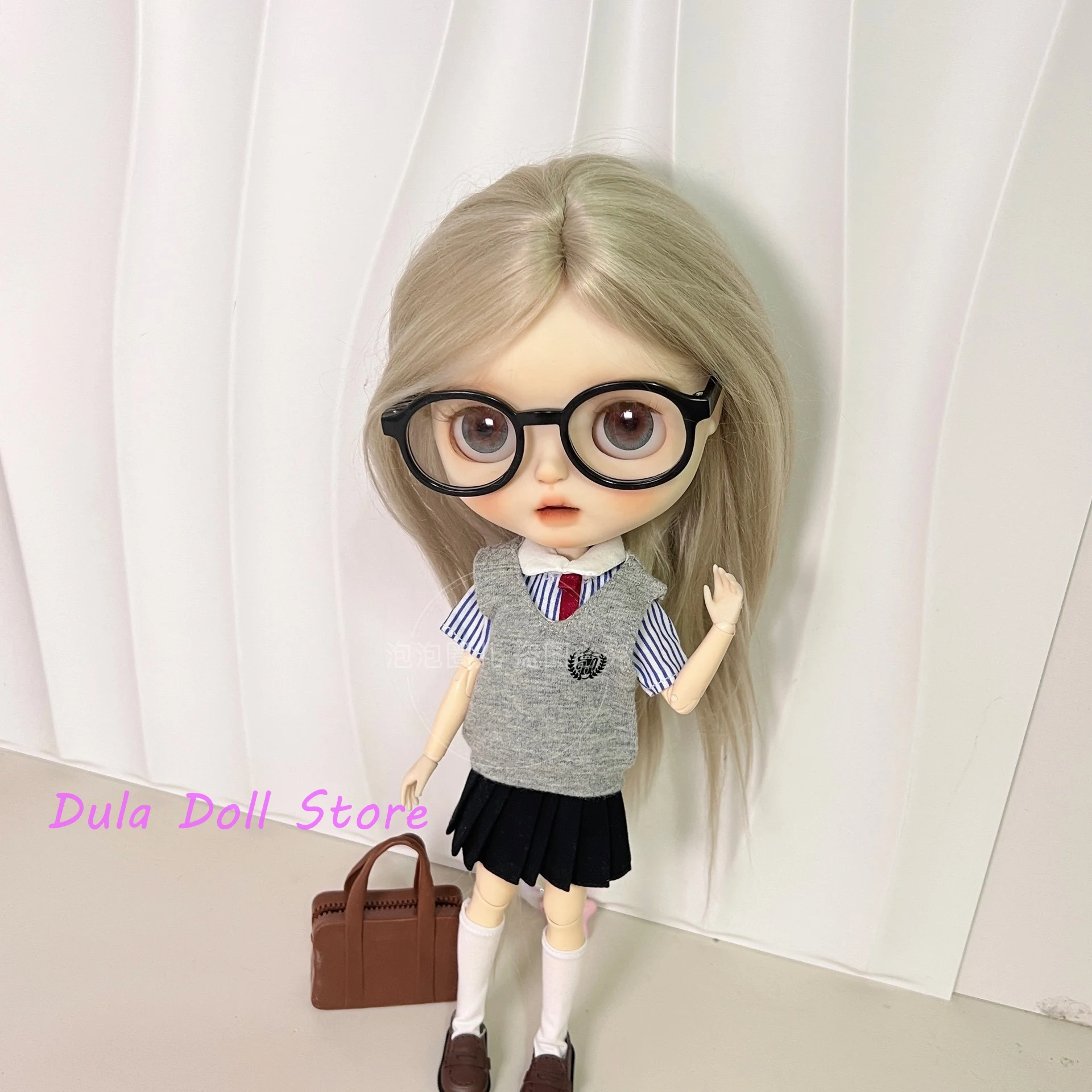 Dula Puppenkleidung Kleid Campus-Stil gestreifter weißer Kragen graue Weste sk ob24 ob22 Azone Licca ICY JerryB 1/6 Bjd Puppenzubehör