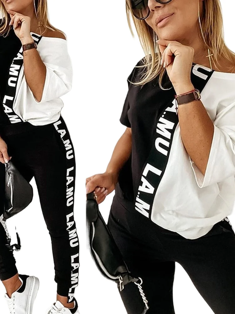 

2023 Women's Spring Summer Sportswear Two-piece Set With Patchwork Letters Short Sleeved Long Pants Casual Women's Two-piece Set
