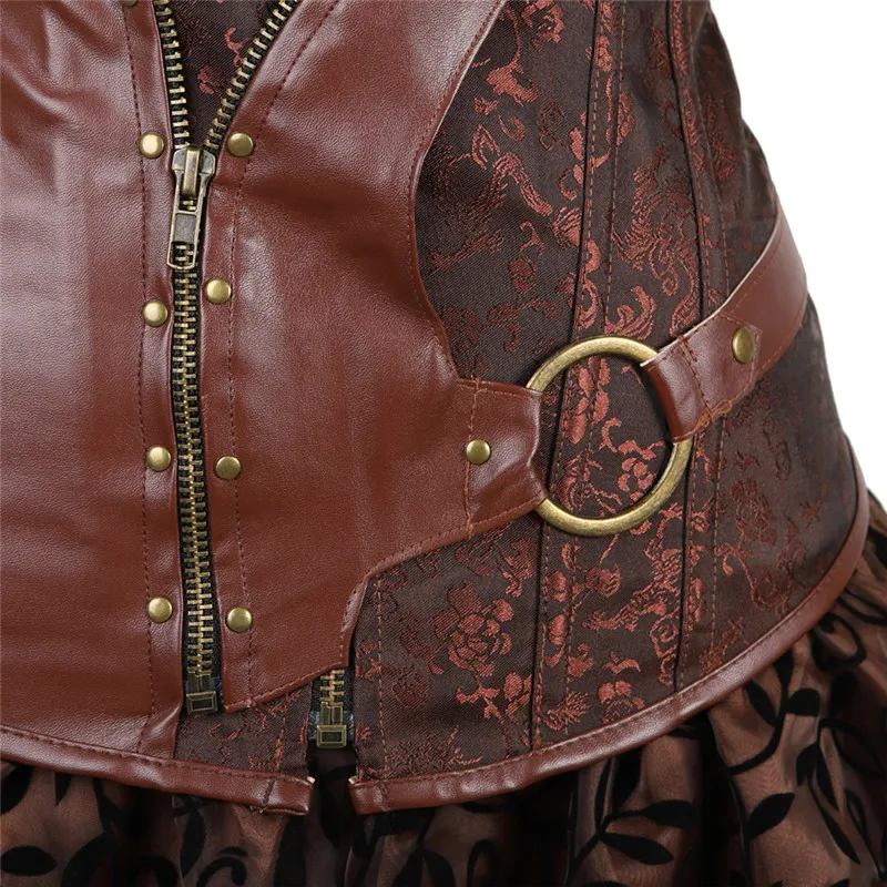 Steampunk Corset Dress Women Victorian Leather Pirate Overbust Bustiers Corsets Skirts Set Party Exotic Fashion Plus Size Brown