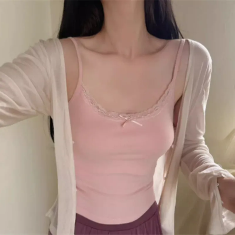 Top Estivo Dopne 2023, Slim Fit con Bordo in Pizzo, Design con Nodo, Spalline Sottili, Tono Morbido e Puro