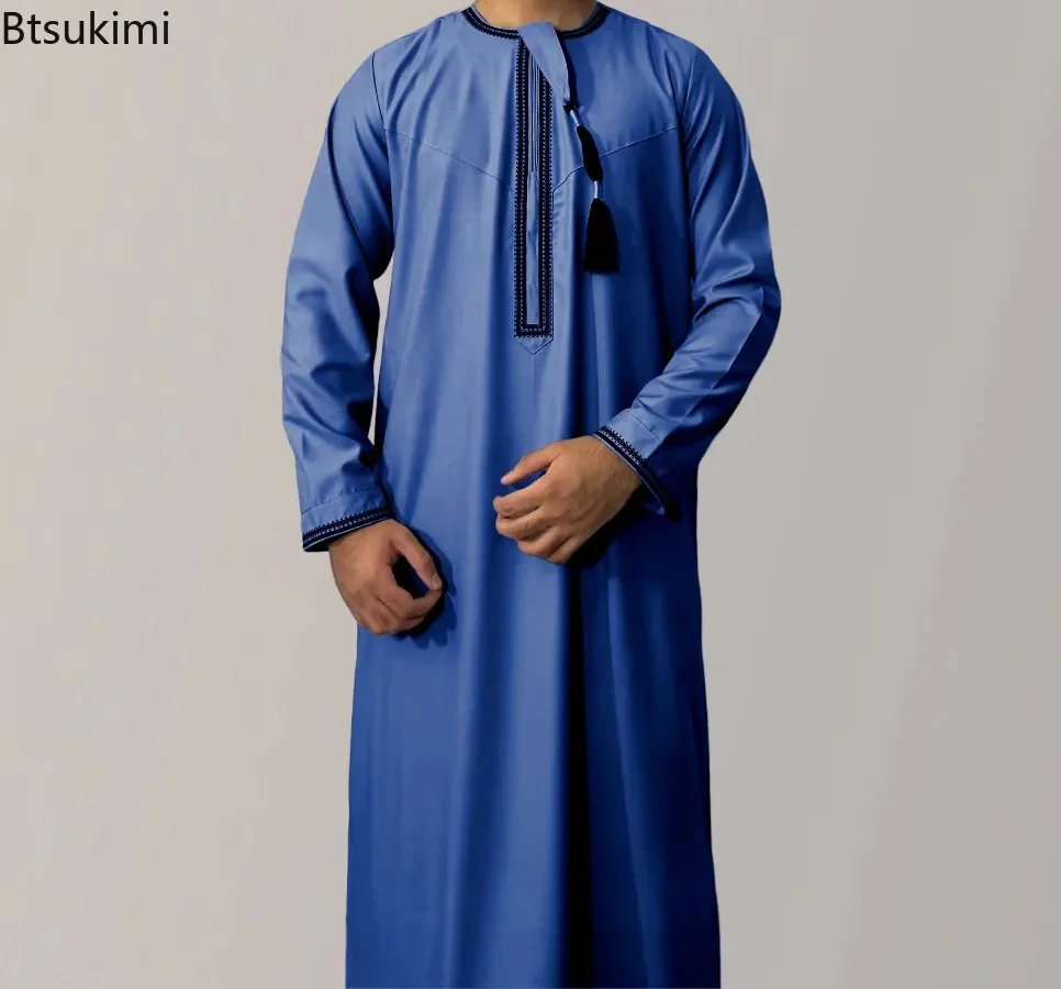 Moda musulmana Abaya para hombres vestido de manga larga bata cuello redondo bordado hombres Jubba Thobe Pakistán árabe Islam ropa caftán de oración