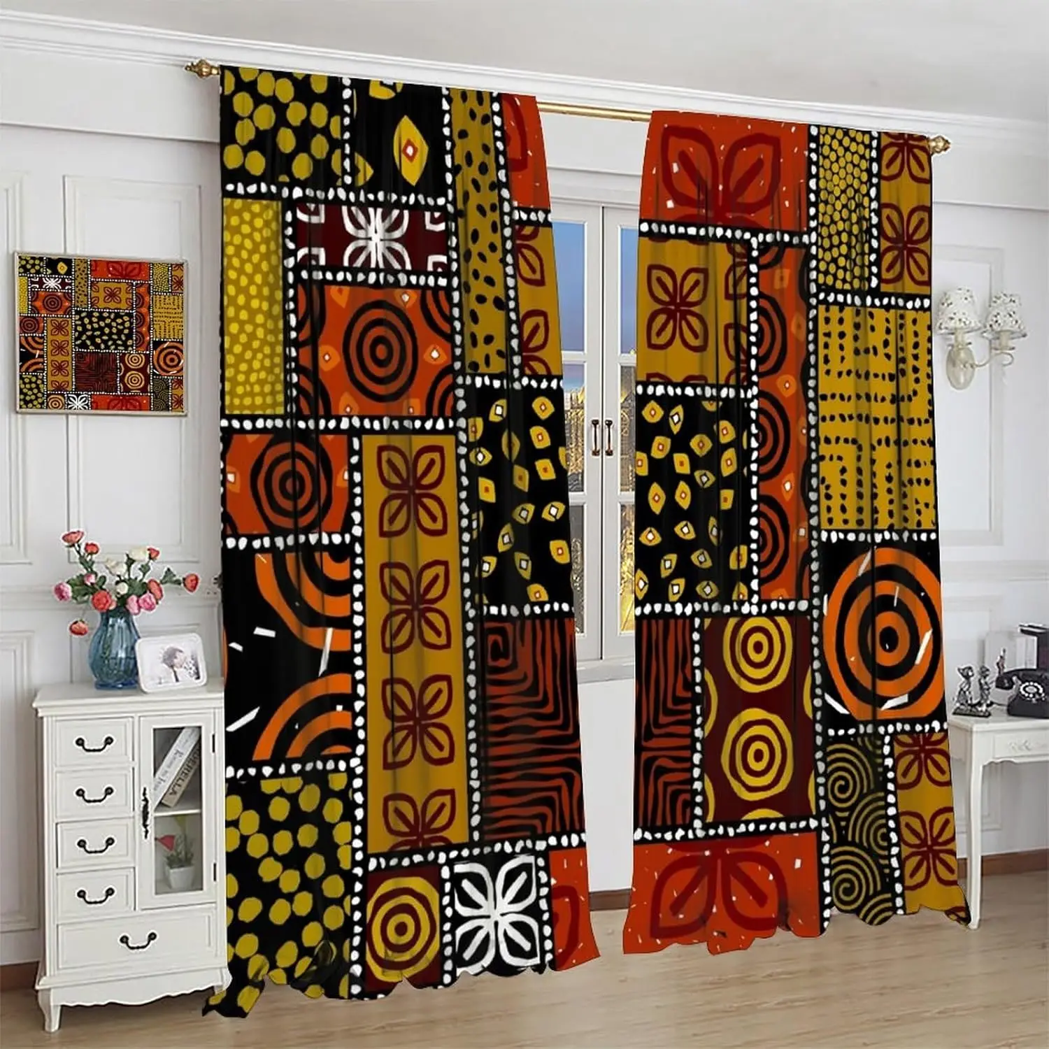 Boho African Ethnic Curtain,Rustic Vintage Abstract Botanical Flower Geometry Patchwork Blackout Rod Pocket Window Curtain