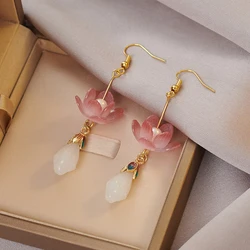 1Pair Unique Exquisite Lotus Earrings Elegant Pink Flower Asymmetric Drop Stud Earrings For Women VintageJewelry Accessories