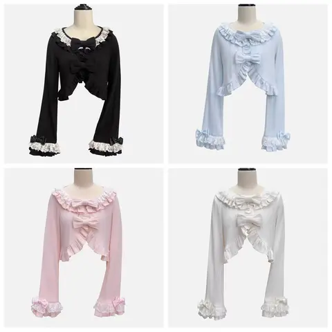 Spring Autumn Lolita Cropped Cover-Up, Ruffled Puff Sleeve Cardigan with Tie Details, Kawaii Japanese Style Short Bolero Jacket