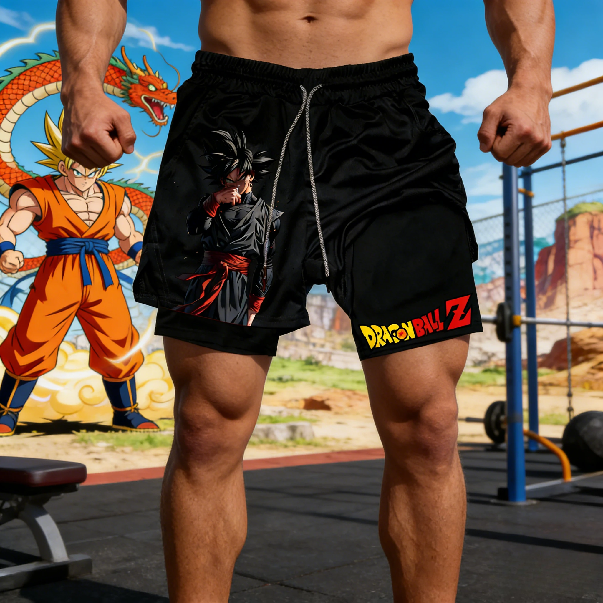 2026 Sommer Dragon Ball Fake Zweiteiler-Shorts für Herren Retro Goku Black Print Atmungsaktiv Schnelltrocknend Fitness Streetwear Unisex