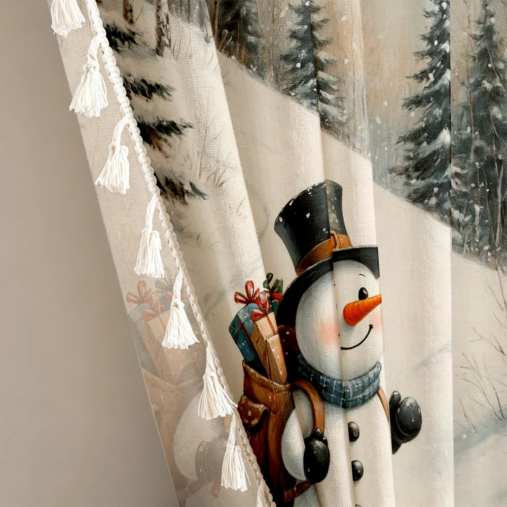 1PC Christmas Tassel Sheer Curtains, Snowman Skiing in Winter Forest, Digital Print, Linen Polyester, Living Room Home Decor