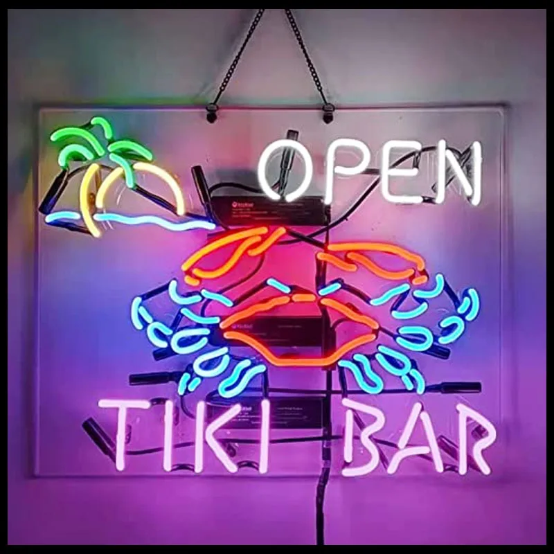 Tiki Bar Open Crab Neon Beer Signs Handmade Real Neon Tubes Neon Sign For Bar Pub Club Man Cave Store Party Aesthetic Room Decor