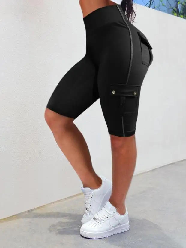 Sportliche Damen Shorts 2024 kontrast getäfelte Tasche Design hohe Taille dünne knielange Radsport aktive Shorts Yoga Shorts Fitness studio