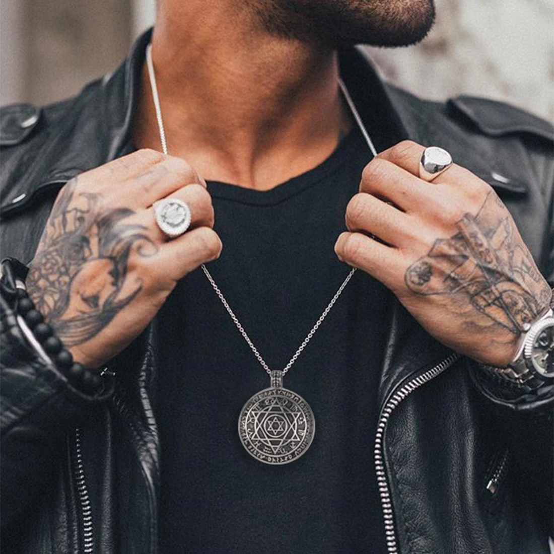 EUEAVAN Classic Seal of Solomon Pendant Necklace Men Religion Amulet Star of David Necklace Stainless Steel Jewelry Gift