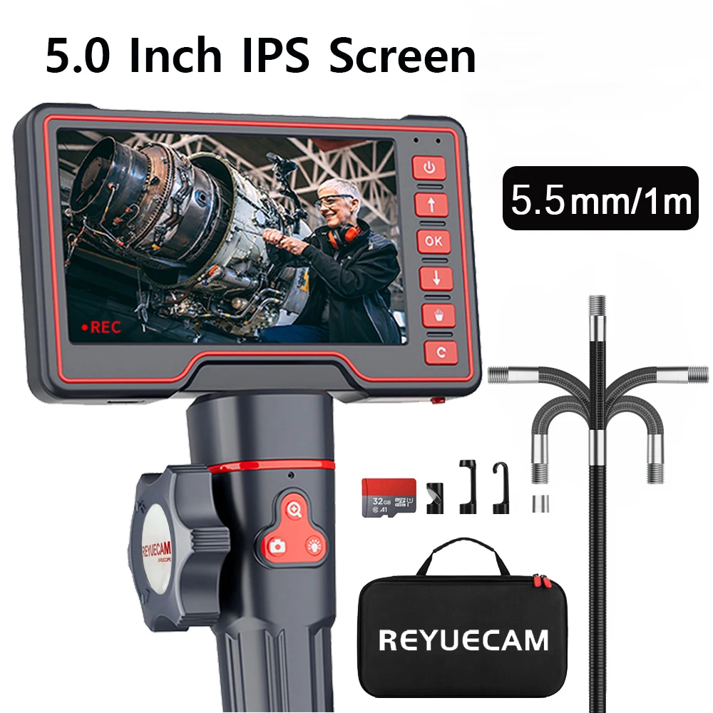 

REYUECAM 5.5mm Lens Two-Way 420° Articulating Borescope with 5 " Screen 1080P Steering Industrial Endoscope for Car Inspection