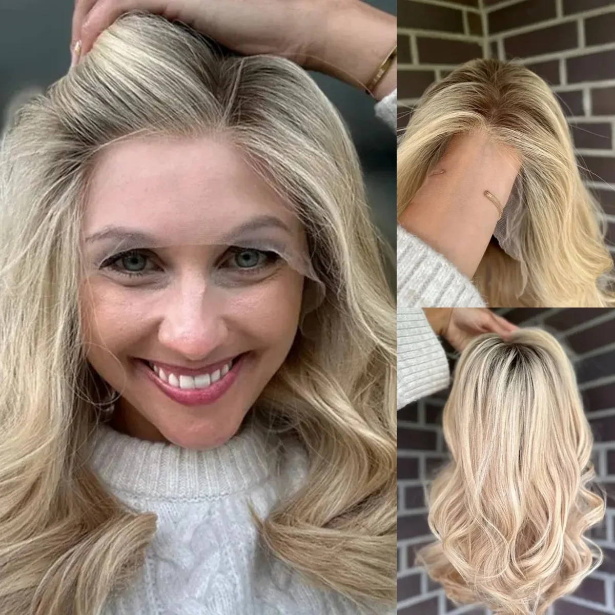 18インチ ショルダーハイライト ボディウェーブ 合成ウィッグ 女性用 オンブルライトブロンド 13x4 HD 透明レースフロントウィッグ 女の子へのギフト