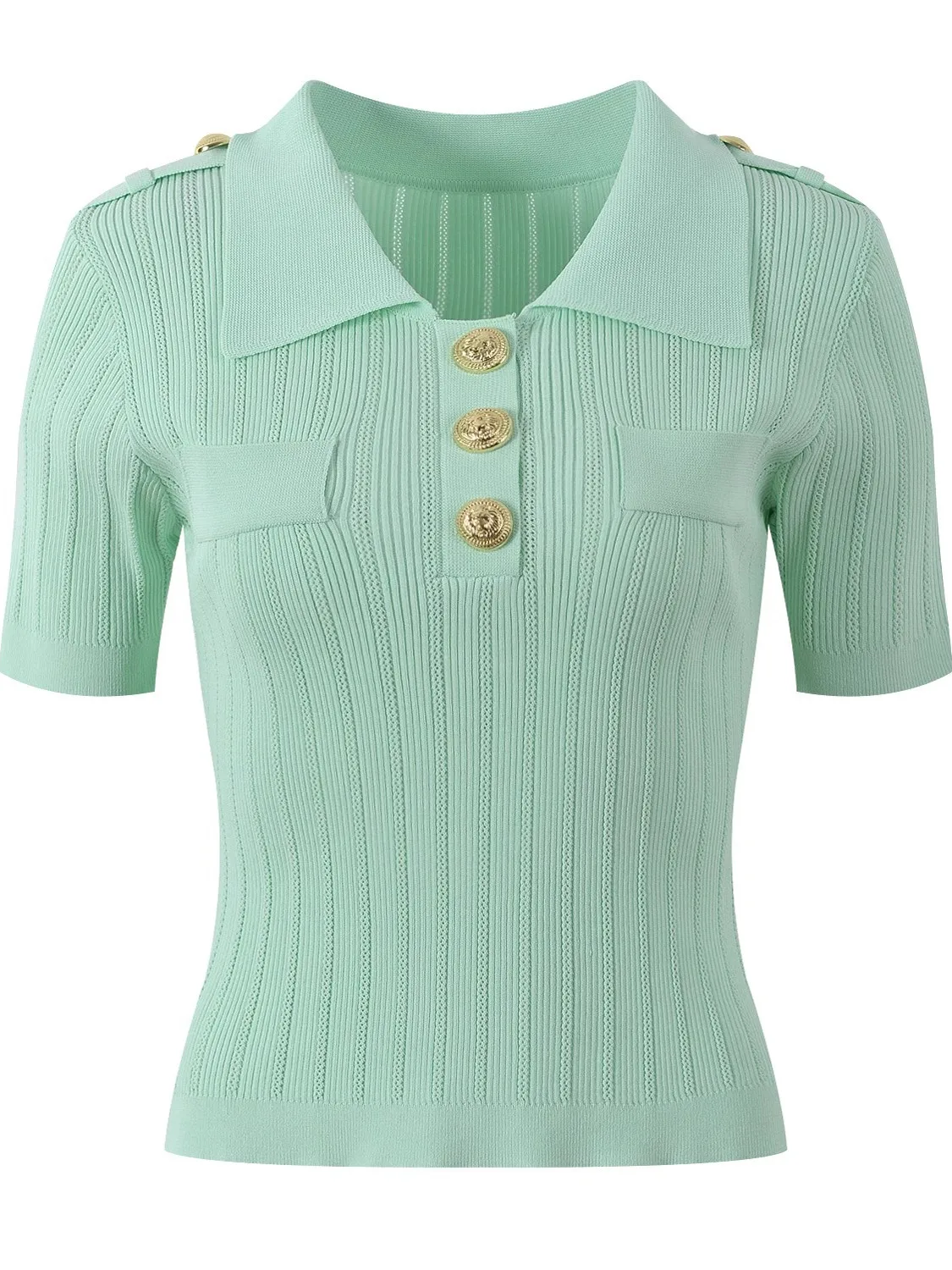 

Summer 2025 New Collar Heavyweight Metal Button Slim Fit Versatile Knitted ort Sve Top Women's Sweet Sle Ice Silk