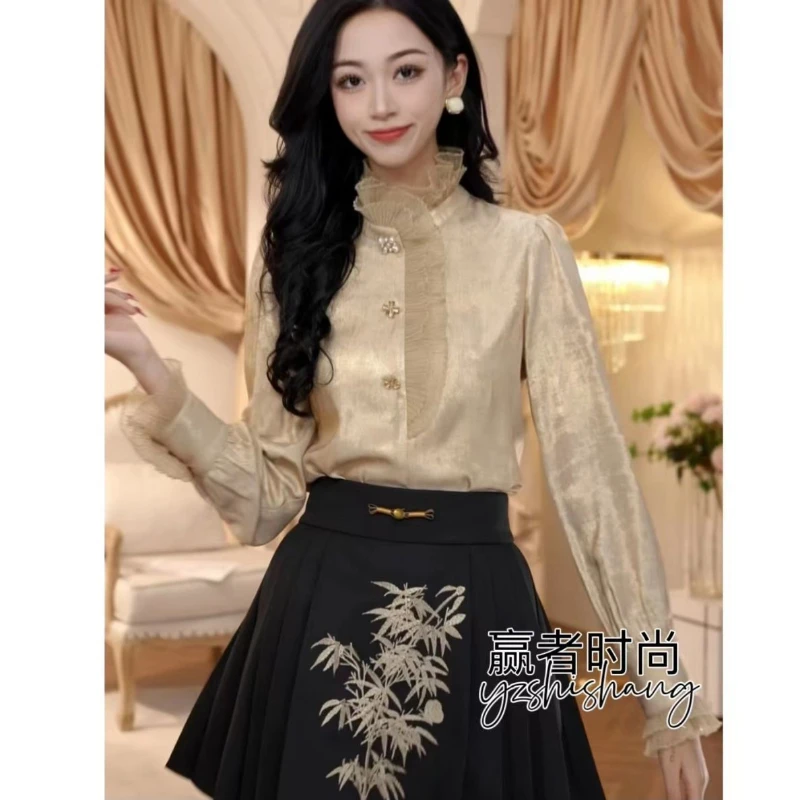 New French Satin Black Fungus Edge Stand Up Collar Shirt with Short Skirt Design Stylish and Elegant Two-piece Set