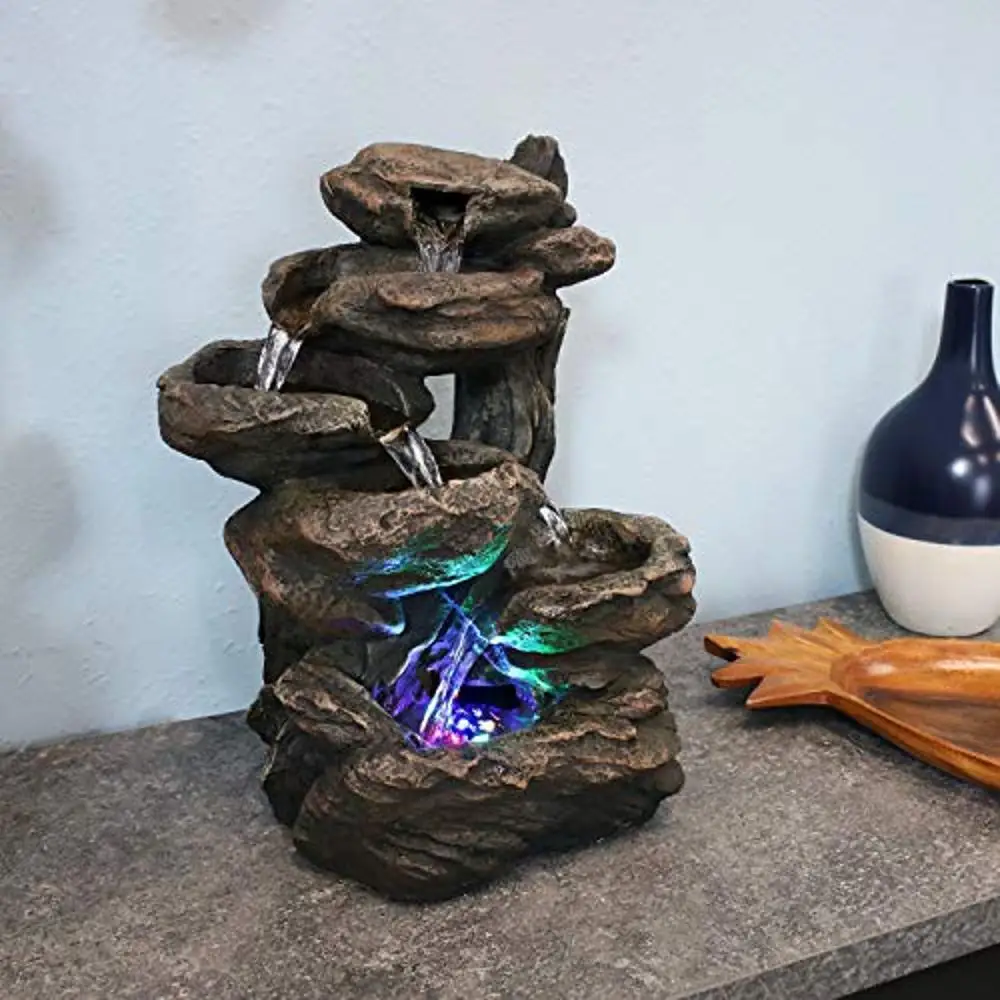 LED Rock Fountain Waterfall Relaxation Tabletop Indoor Pump Lights Gray Stone Fiberglass