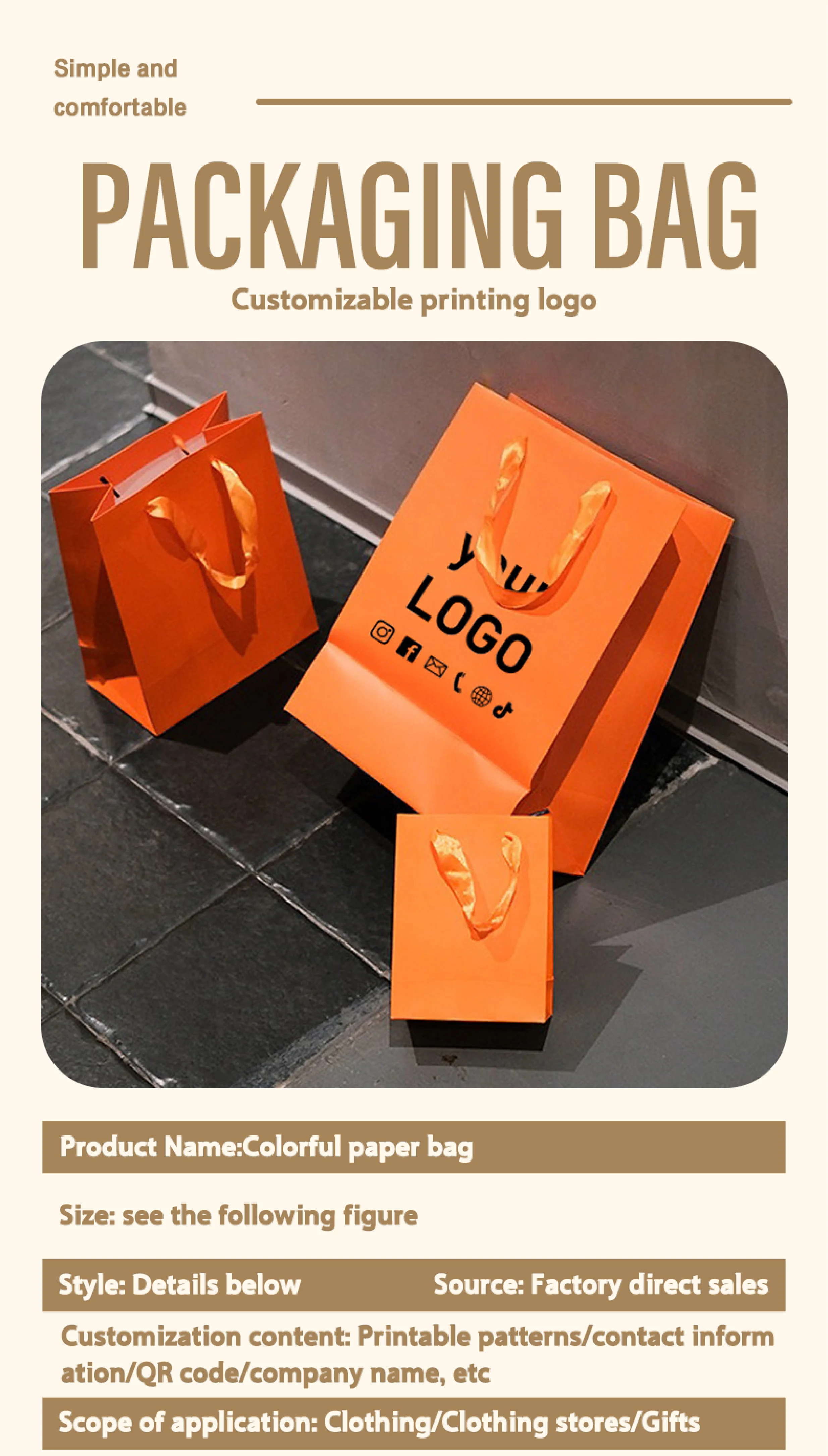 10 Stück orangefarbene Kleidertaschen, Geschenktüten für Feiertage und Partys, Einkaufstaschen, unterstützt individuelles Logo – Detail 1