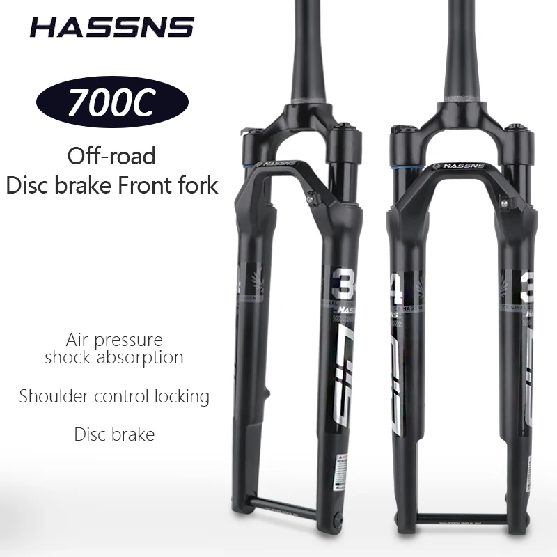 HASSNS Road Bike Fork Suspension 700C Rock Shox Air And Oil Shock Absorber Tapered Off-road Disc Brake Front Fork 100*12MM