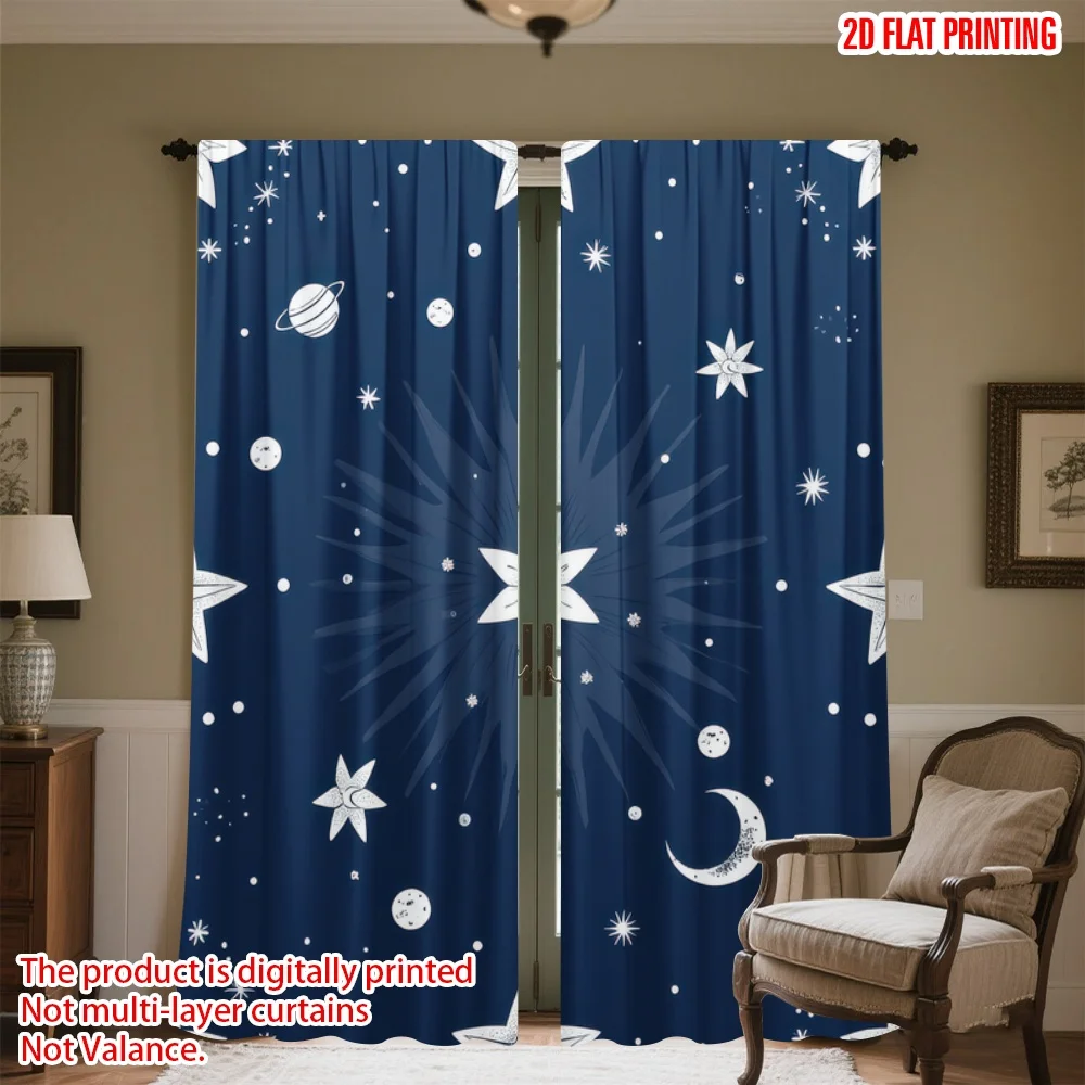 

2D flat printing 2pcs Window Curtains Night Sky Stars and Moon Digital Printed Polyester Drapes Family Party Decoration Use for