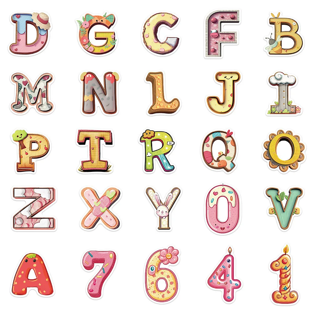 10/30/50PCS Kawaii Cartoon English Alphabet Stickers Animal Digit Stickers Ornament Bicycle Car Guitar Skateboard Waterproof Toy