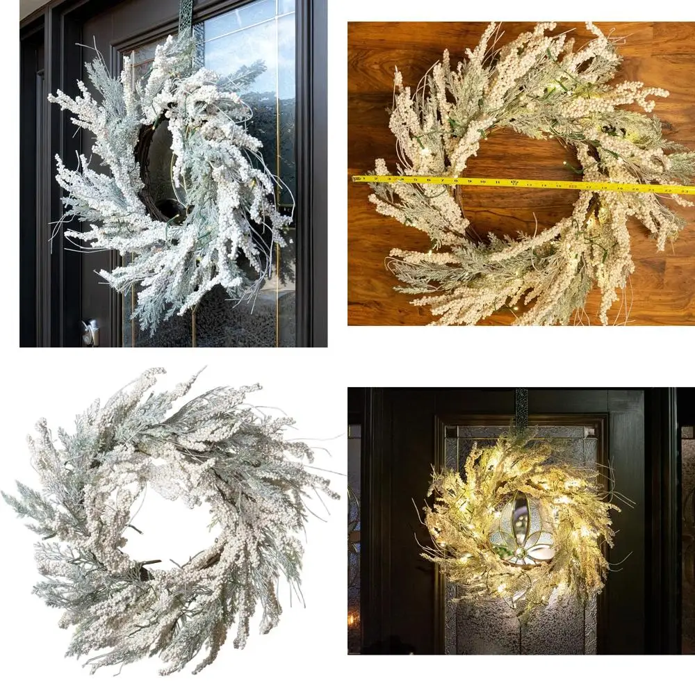 

Светодиодный рождественский венок на батарейках, 23 искусственных декорации с белыми ягодами и кедрами для сезонных домашних акцентов