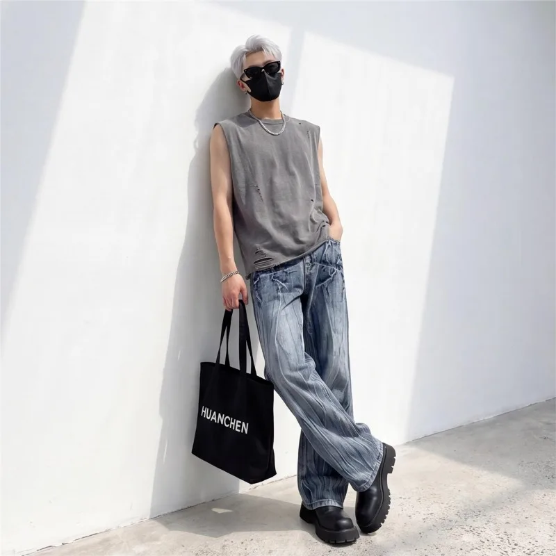 

Streetwear Men's Vertical Stripe Jeans Wrinkled Wide Leg Baggy Faded Wash Casual Summer Premium Denim Pants