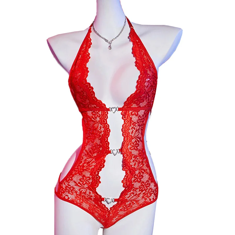 

Sexy Backless Heart Shaped Buckle Hollow Deep V Women's Underwear Thong Set Transparent Bodysuit Exotic Porno Lingerie Clothing