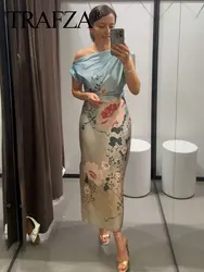 TRAFZA Summer Female New Flower Print Off-Shoulder Sleeveless Midi Dress Women Split Hem Side Zipper Asymmetrical Dress Mujer