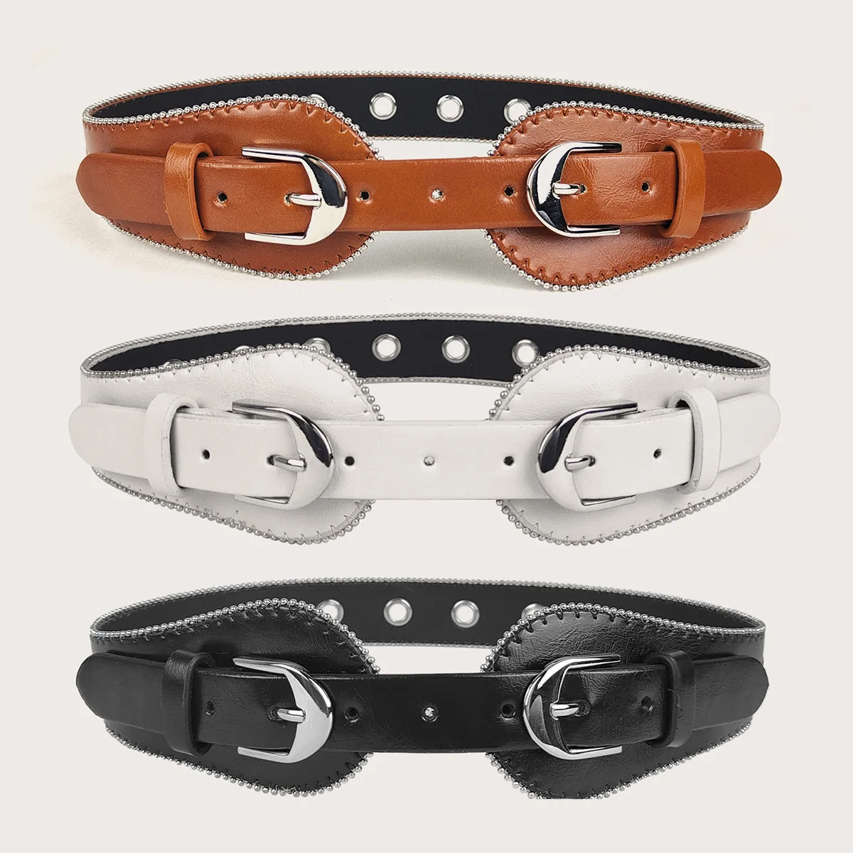 

New Fashion Vintage design alloy Metal Leather Belts for women Double Buckle Waist Belt Waistband High Quality female