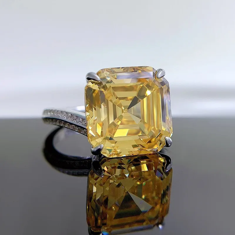 PANSYSEN Sparkling 925 Sterling Silver 12x12MM Asscher Cut Citrine Gemstone Wedding Anniversary Fine Jewelry Ring Gift Wholesale