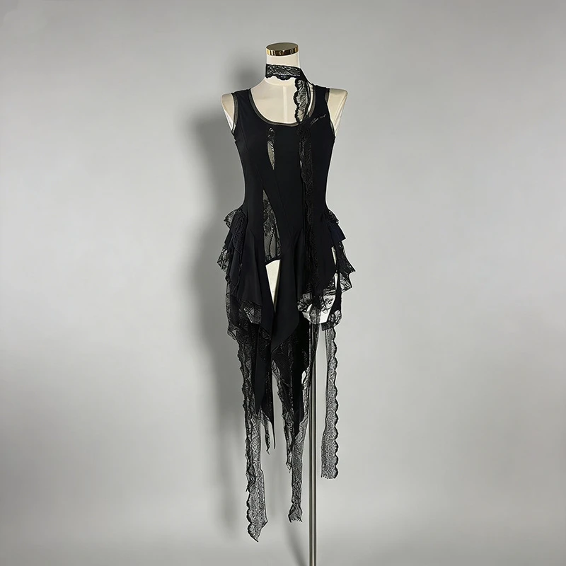 Summer 2026 Lace Splice Vest Women's Sexy Maturity Style Sash Design Top Polyester Fiber Long Curves Vest No Chest Pad