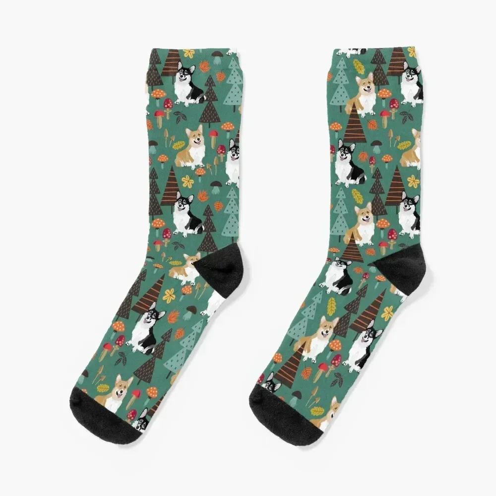 Corgis In Fall Forest - Dark Teal Socks christmas stocking winter hip hop Men Socks Women's