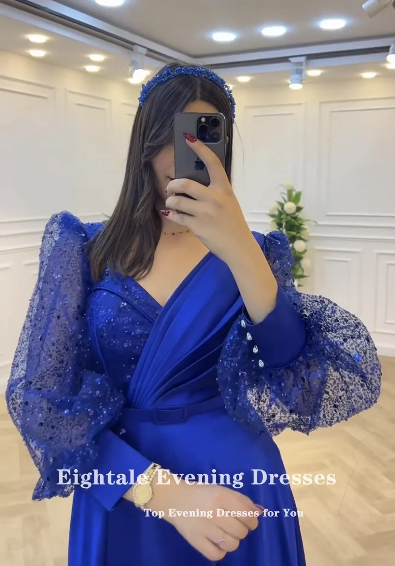 Eightale Royal Blue Evening Dresses Puffy Sleeves Sweetheart Glitter Customized V-Neck Satin Prom Party Gown vestido de fiesta