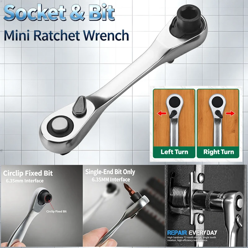 Portable 1/4 Inch Mini Ratchet Wrench Dual-Use Socket & Bit 72T Reversible Ratchet Spanner Forged CR-V Steel Hand Repair Tool